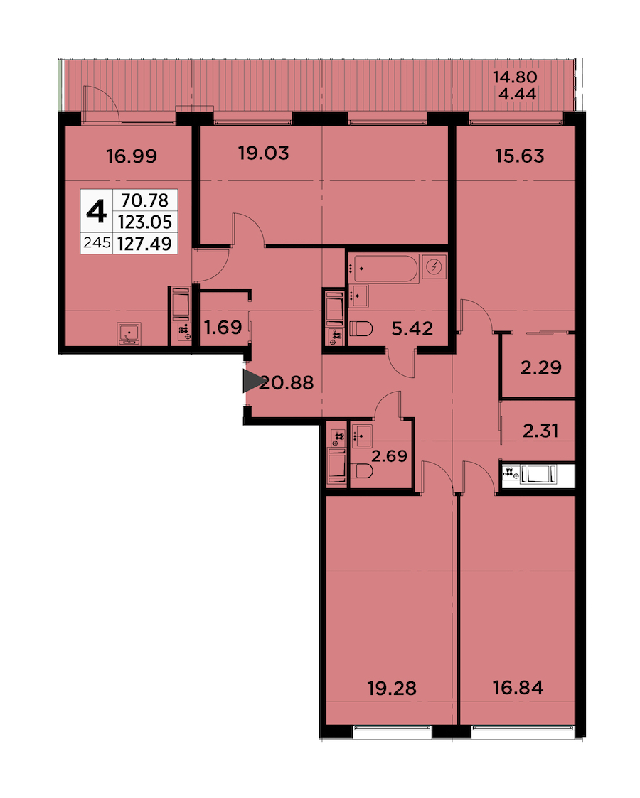 4-комнатная квартира 127.49 м², 14/14 эт., ЖК «GloraX City Zanevsky»